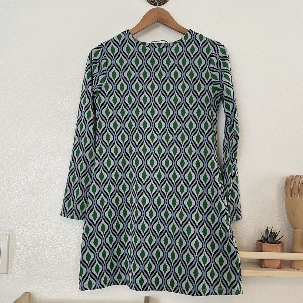 ZARA Geometric Print Long Sleeve Shift Mini Dress Women's Size S‎ Green & Blue